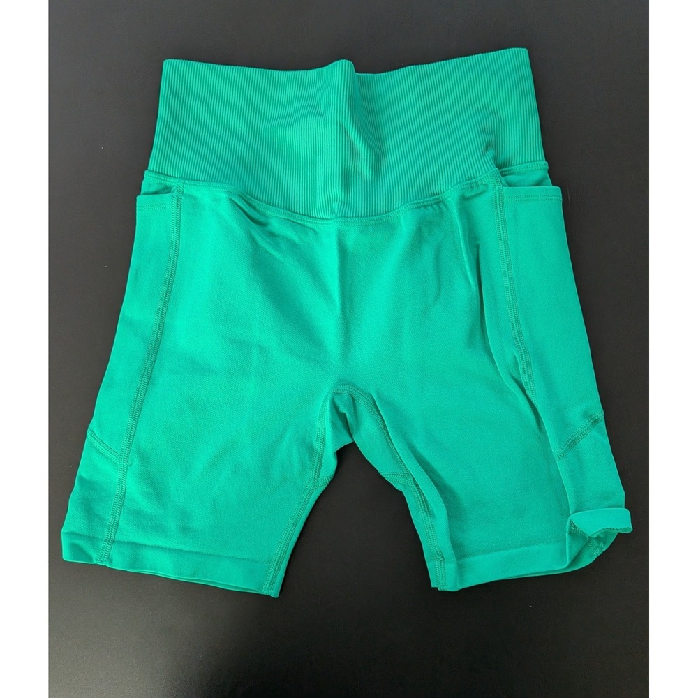 PINK Active Women Green Seamless Ribbed High Waist Biker Shorts Pockets Size S